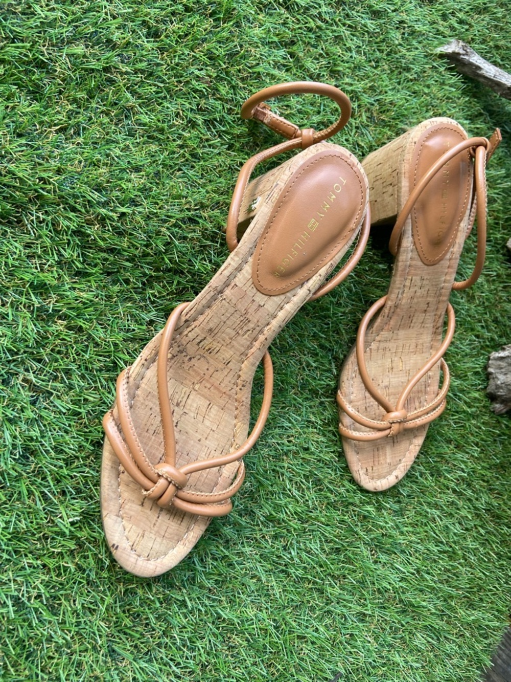 Tommy Hilfiger Tan Knot-Strap Cork Wedge Sandals heels NEW women’s 9